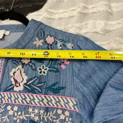 J Jill Floral Embroidered Denim Open Front Jacket Women’s Sz S Boho Hippie EUC Blue