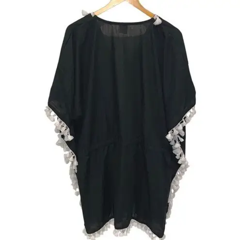La Leela Womens Kimono Blouse Pom Pom Cover Up Swimwear Black One Size NWT