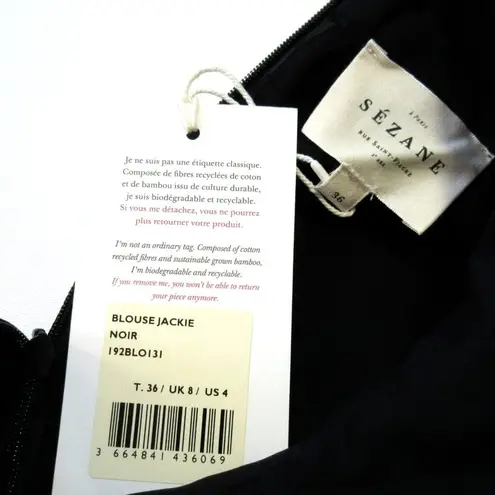 Sézane NWT Jackie Blouse in Noir Black Ruffle Shoulder Crepe Top 36 US 4