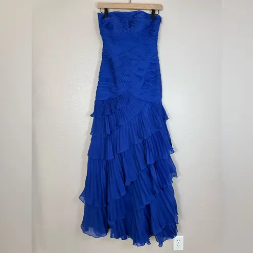 Dalia MacPhee Strapless Pleated Ruffle Chiffon Maxi Gown size 2 Royal Blue NEW