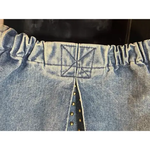 Vintage 80s Cropped Denim Jacket Studded Rhinestone Buttons USA Made Opal Size S Blue