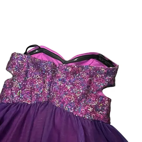 Blondie Nites sequin strapless ruffle mini dress purple ombré with side cut outs
