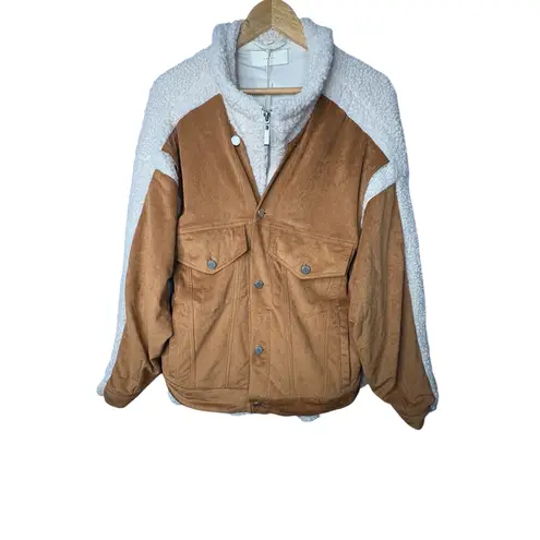 BLANKNYC Two Tone Suede Sherpa Jacket Full Zip Button Brown Women Size Large NWT