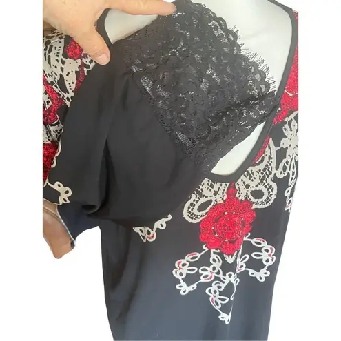 Avenue Womens Blouse Tunic Floral V Neckline Lace Hem Long Sleeve Black Sz 18/20