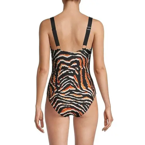 DKNY  TIGER BLACK Plunging Animal Print One Piece Black & Brown Swimsuit NWT 8