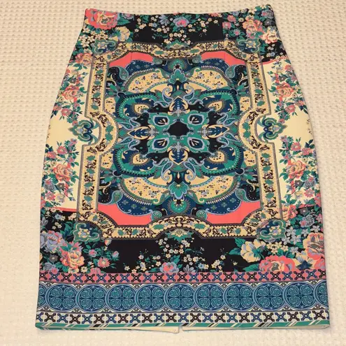 Champagne & Strawberry Floral Pencil Skirt Size Large Blue