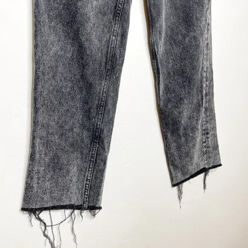 Boyish High Waisted Straight Leg Jean Raw Hem Button Fly Washed Black 26