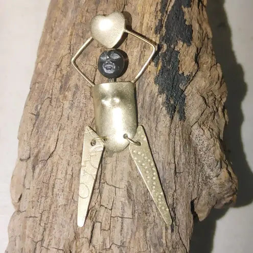 Lena Pin Brooch Woman Heart Tribal Design Vintage Handmade Brass Figurine Signed Gold