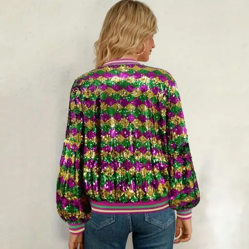 NEW Sequin Bomber Jacket M Mardi Gras New Orleans Purple Green Gold Glitter Rave Size M