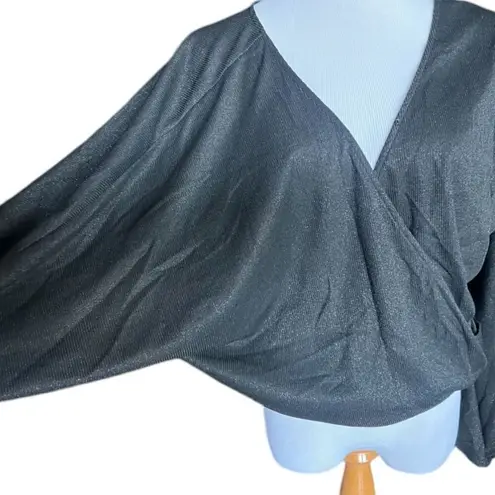 JustFab NWT Womens Just Fab  Metallic Shimmer Black Ribbed Faux Wrap Top Blouse M