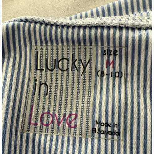 Lucky In Love Shirt Womens M Blue White Stripe Rainbow Tennis Golf Pickleball Size M