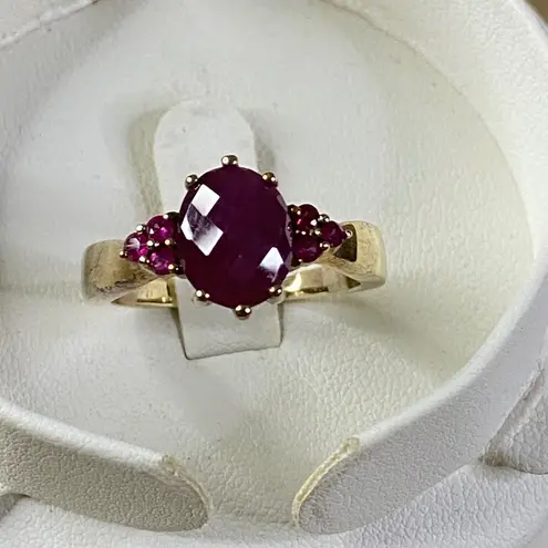 Vintage 10K Gold Oval Ruby Ring with Faceted Round Ruby Accents Cocktail Sz 9