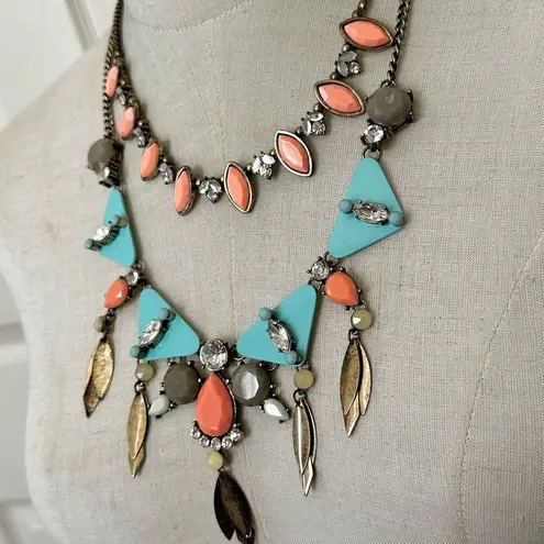Blue and orange geometric multi strand statement necklace
