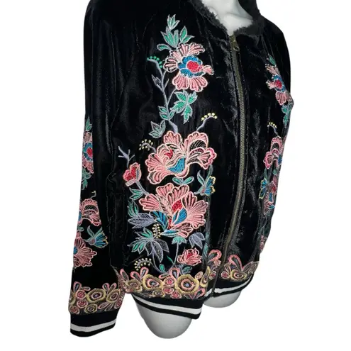 Elevenses Anthropologie Black Velvet Embroidered Bomber Jacket Full Zip Medium