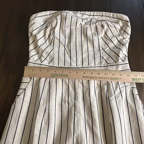Sugar + Lips Strapless Jumpsuit Romper White Navy Linen Blend Medium Wide Leg
