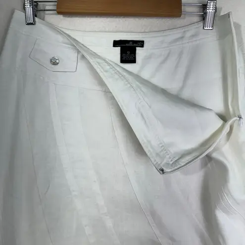 Willi Smith White Luxurious Linen Flared A-Line Modest Lined Midi Skirt Size 12