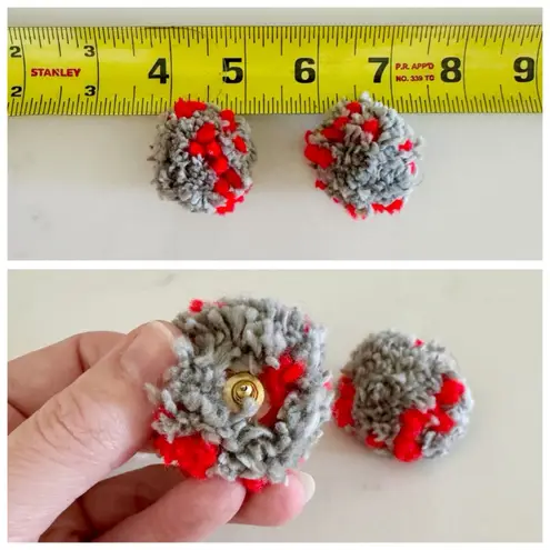 Handmade Cozy Gray & Red Pom Pom Boho Chunky Knit Yarn Earrings, Stud Post Back