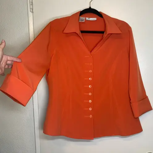 Dress Barn  Vintage Y2K Orange Retro Stretchy Button Up Mod Diner Blouse Size L