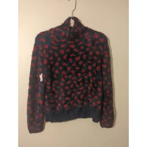 RTR Thakoon Navy Red Printed Fuzzy Mock Neck Pullover Sweater Sz Small soft Blue