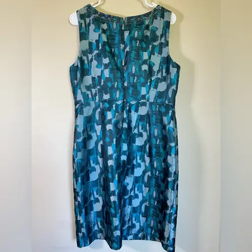 Tahari  ARTHUR S LEVINE Size 12 Teal Jewels Neckline Metallic‎ Jacquard Dress