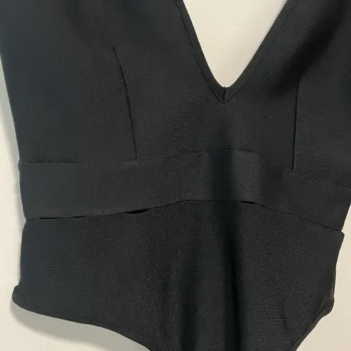 Herve Leger HERVÉ by Hervé Léger Black Plunging Knit Thong Bodysuit Size Large