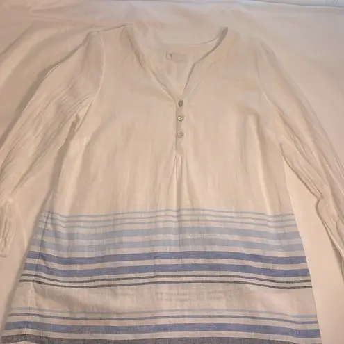 J. Jill Tunic Top Linen Blend White with Blue Stripes Accordion Pleated S Petite Size undefined