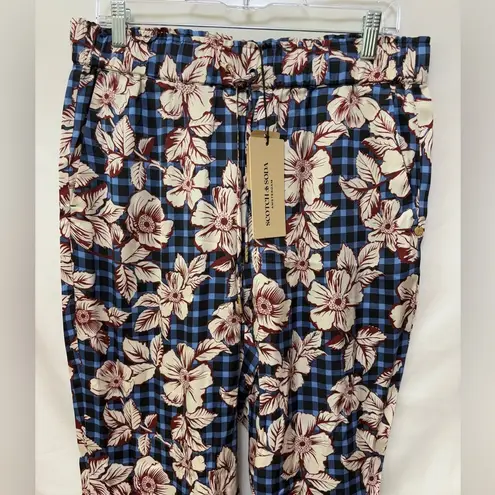 Scotch & Soda Blue Gingham and Burgundy Floral Printed Wide Leg Trousers Size XL