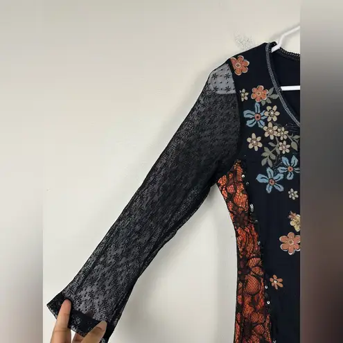 EDISTA Women's Vintage Y2K Sheer Lace Sleeve Embellished Scoop Neck Top Size L Black Size L