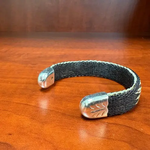 Woven Cuff Bracelet Silver Tone Ends Southwestern Boho Western Style Black