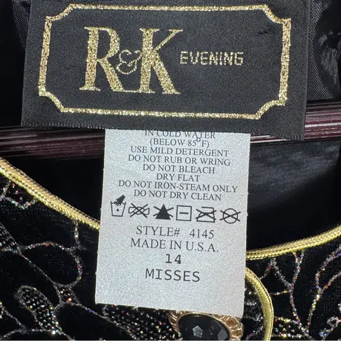 Vintage 80s R&K Evening Floral Glittered Velvet Jacket Black Gold 14