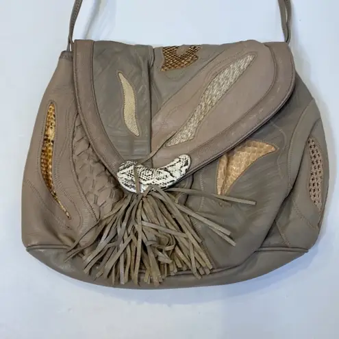 Sharif Crossbody Purse Snap Closure Tassel Leather Snakeskin EUC Gray Beige