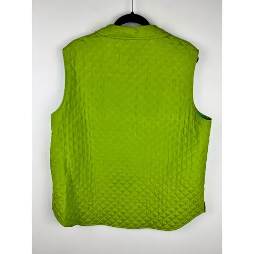 Coldwater Creek Quilted Silk Vest Lime Green Turquoise VTG XL Collared Button