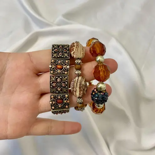 Chunky VTG Brown Orange Brassy Gold Boho Bracelet Jewelry Stack Lot