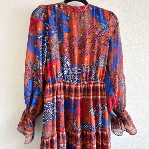 House of Harlow Maxi Tiered Floral Rustic Boho Long Sleeve Dress Size Small Orange