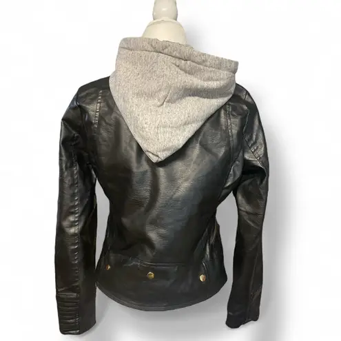 Stylish Black Faux Leather Moto Jacket with Gray Hood Faux Fur Lined Size Small