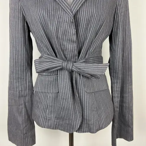 BCBGMAXAZRIA  Blazer Jacket Women S Gray Linen Pinstripe Belted Stretch Button Up