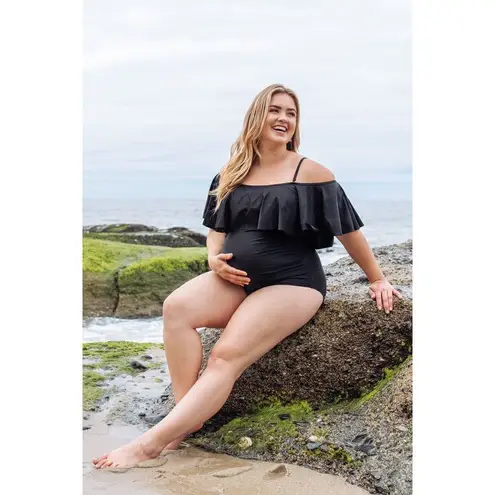 Pinkblush maternity black ruffle one-piece swimsuit, S