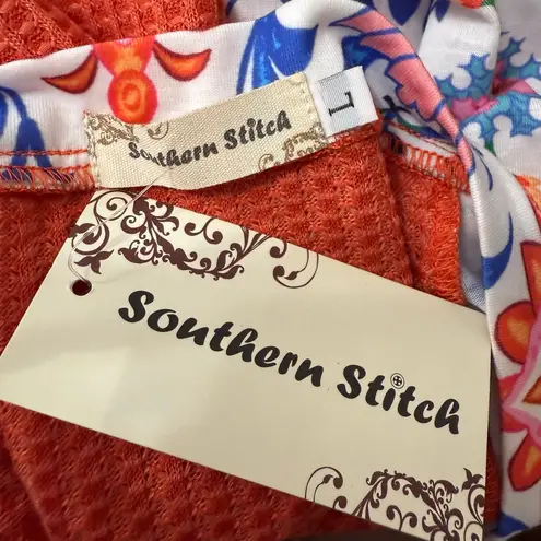 Southern Stitch Orange Waffle Knit Floral Patchwork Long Sleeve Top Size L