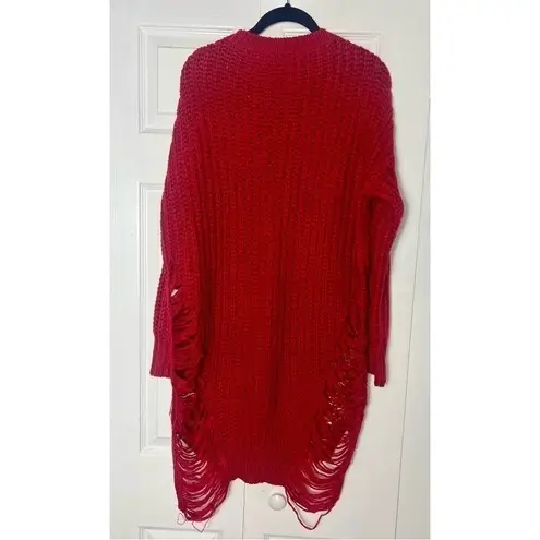 Juju*Be Red Ripped Distressed Knit Pullover Hi Low 3/4 Sleeve Sweater Size Large