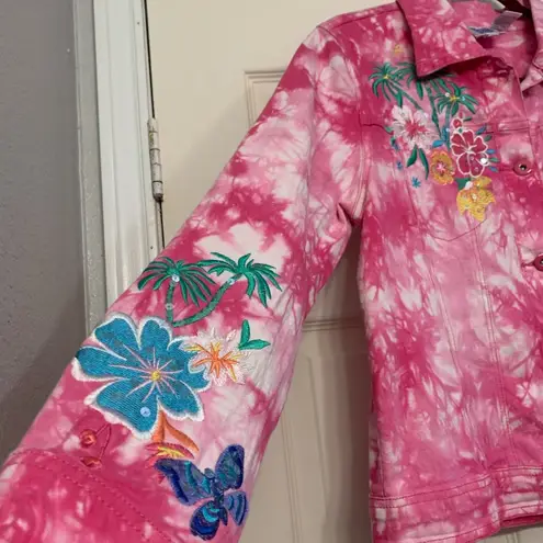 Diane Gilman Pink White Tie-Dye Flowers Butterfly & Palm Tree Medium Jacket 1808