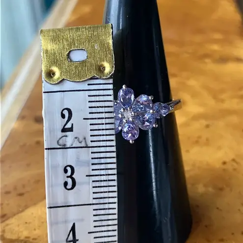 Natural Tanzanite White Diamond Sterling Silver Ring Size 6.75