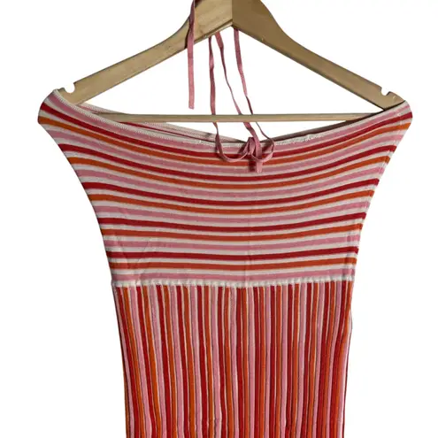 AMUR Valena Red Orange Pink Striped Knit Halter Neck Sleeveless Midi Dress Small