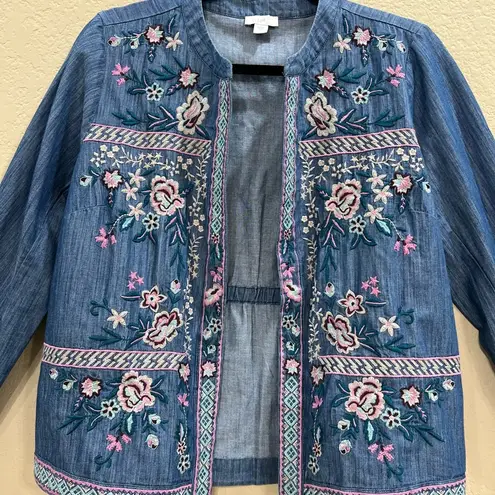 J Jill Floral Embroidered Denim Open Front Jacket Women’s Sz S Boho Hippie EUC Blue