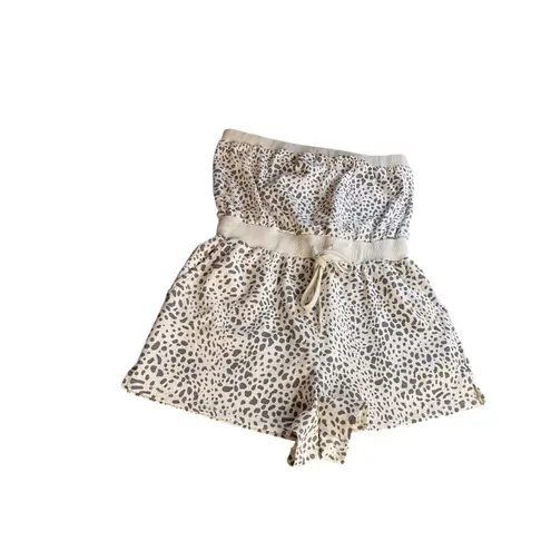 Cream & Gray Animal Print Strapless Romper with Drawstring Waist