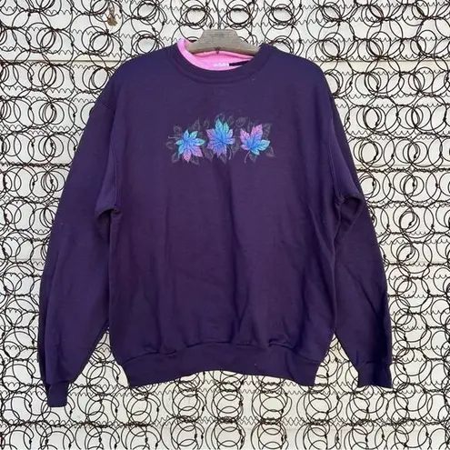 Vintage 90s Granny sweatshirt purple double collar glitter metallic fall leaves Size L