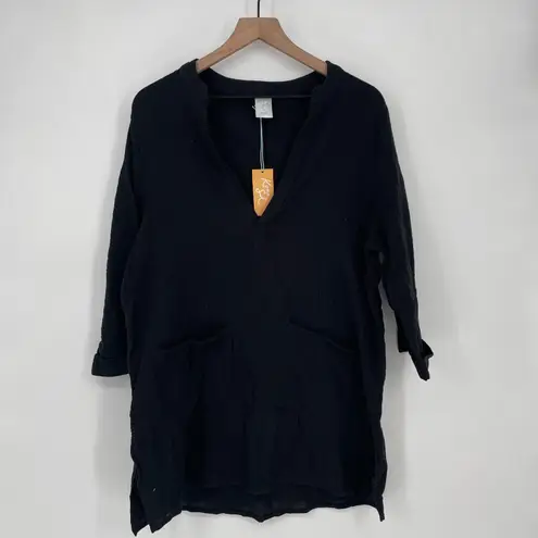 Kona Sol Womens Black V Neck Gauze Tunic Top Size S 3/4 Sleeve Pockets