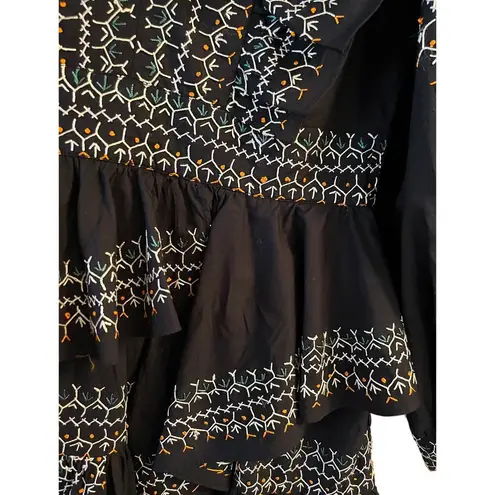 Ulla Johnson Anais Mini Dress Ruffle Embroidered V-Neck Black Noir Cotton 2 NWT