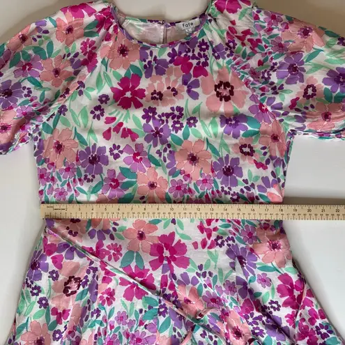 Fate Women Frances Floral Pleated Skirt Dress Sz L Puff Sleeve Colorful Feminine Pink Size L