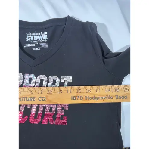 American Crown Women's Long Sleeve V Neck Support The Cure Sequin Tee Bllack XL Black