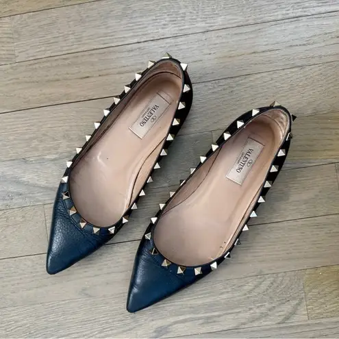 Valentino Garavani Rockstud Ballet Pointed Toe Flats Black Grained Leather US 7